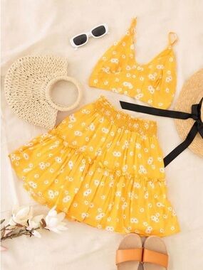 Girls size L, Yellow Floral Ruffled Skirt Set with cropped Adjustable Tank